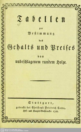 Tabellen zur Bestimmung des Gehalts und Preises von unbeschlagenem rundem Holze