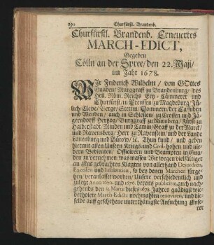 Churfürstl. Brandenb. Erneuertes March-Edict, Gegeben Cölln an der Spree/ den 22. Maii/ im Jahr 1678.