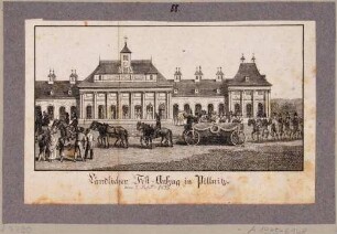 Festumzug im Schloss Pillnitz bei Dresden, vor dem Neuen Palais (nach dem Brand 1818)