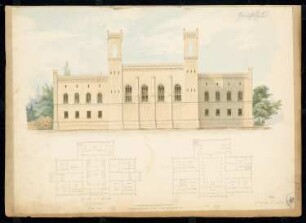 Gericht Monatskonkurrenz Juli 1847: Grundriss Erdgeschoss, Obergeschoss, Aufriss Rückansicht; 2 Maßstabsleisten