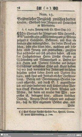 Num. 23. Brüderlicher Vergleich zwischen beeden Grafen, Eberhard dem Jüngern und Heinrichen zu Würtemberg