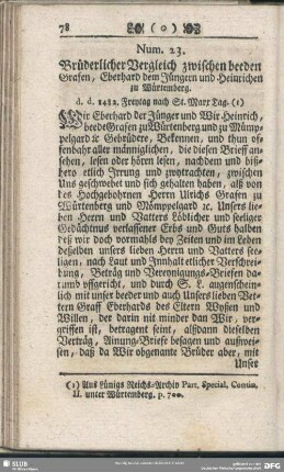 Num. 23. Brüderlicher Vergleich zwischen beeden Grafen, Eberhard dem Jüngern und Heinrichen zu Würtemberg