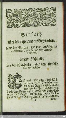 Erster Abschnitt von der Viehseuche, oder vom Umfalle der Hornviehes