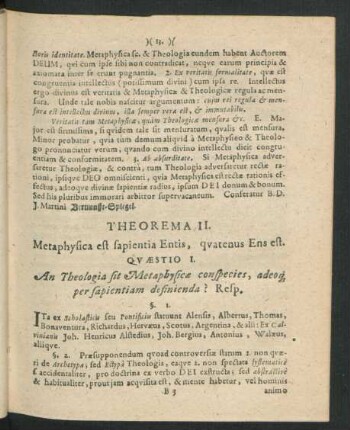 Theorema II. Metaphysica est sapientia Entis, quatenus Ens est.