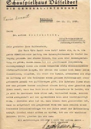 Korrespondenz von Louise Dumont an Alfred Wolfenstein