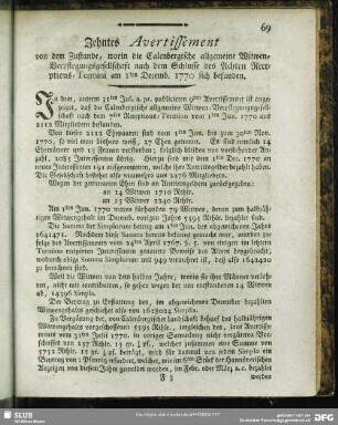 Zehntes Avertissement von dem Zustande, worin die Calenbergische allgemeine Witwen-Verpflegungsgesellschafft nach dem Schlusse des Achten Receptions-Termini den 1ten Decmb. 1770 sich befunden : [Hannover, den 28ten Febr. 1771. Im Fürstenthum Calenberg verordnete Land- und Schatz-Räthe, auch Schatz-Deputirte]