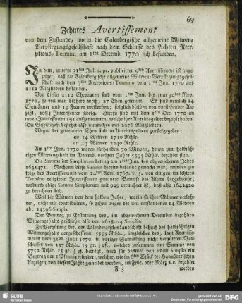 Zehntes Avertissement von dem Zustande, worin die Calenbergische allgemeine Witwen-Verpflegungsgesellschafft nach dem Schlusse des Achten Receptions-Termini den 1ten Decmb. 1770 sich befunden : [Hannover, den 28ten Febr. 1771. Im Fürstenthum Calenberg verordnete Land- und Schatz-Räthe, auch Schatz-Deputirte]