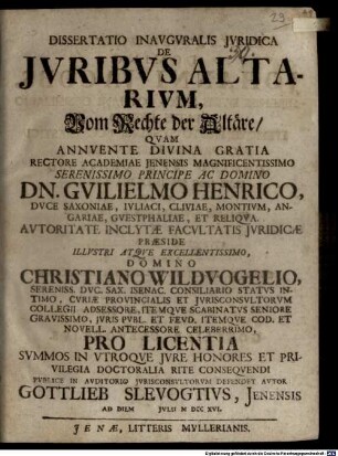 Dissertatio Inavgvralis Jvridica De Jvribvs Altarivm : = Vom Rechte der Altäre