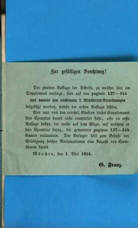 Supplement für die Besitzer der 1. u. 2. Auflage des Gewerbsgesetzes vom Jahre 1825, der Vollzugs-Instruktion vom 17. Dez. 1853