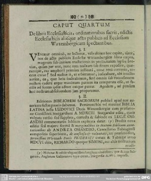 Caput Quartum De libris Ecclesiasticis, ordinationibus sacris, edictis Ecclesiasticis aliisque actis publicis ad Ecclesiam Wirtembergicam spectantibus