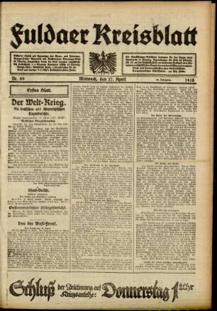 Erste Ausgabe vom Mittwoch, den 17. April 1918.