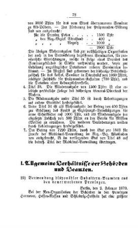 Verwendung disponibler Subaltern-Beamten aus den neuerworbenen Provinzen : [I. Allgemeine Verhältnisse der Behörden und Beamten]