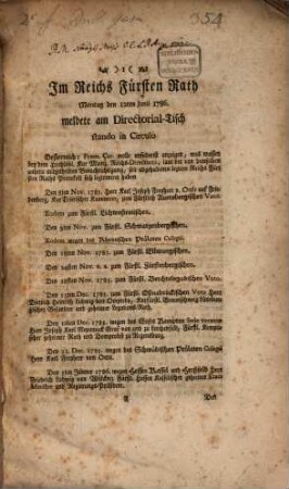 Reichstagsverhandlungen : Im Reichs-Fürsten-Rath ... 1786 meldete am Directorial-Tisch Stando in Circulo Oesterreich