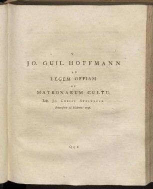 V. Jo. Guil. Hoffmann Ad Legem Oppiam De Matronarum Cultu.