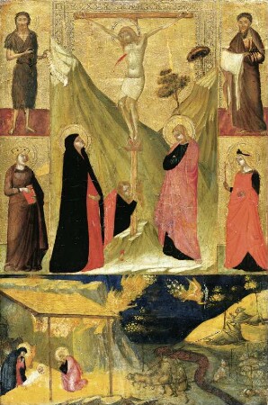 Kreuzigung und Geburt Christi mit Heiligen