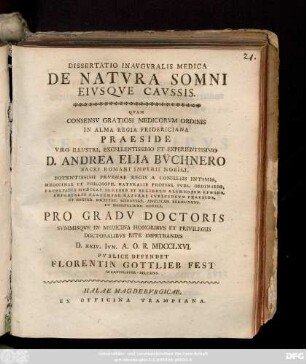 Dissertatio Inavgvralis Medica De Natvra Somni Eivsqve Cavssis