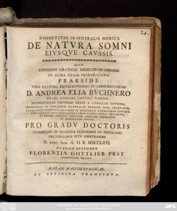 Dissertatio Inavgvralis Medica De Natvra Somni Eivsqve Cavssis