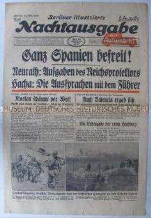 Abendzeitung "Berliner illustrierte Nachtausgabe" zum Ende des Spanischen Bürgerkrieges