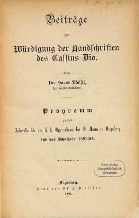 Beiträge zur Würdigung der Handschriften des Cassius Dio