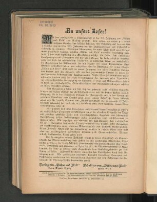 An unsere Leser