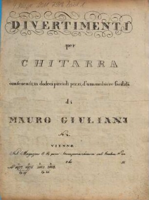 Divertimenti per chitarra : contenenti, in dodeci piccioli pezzi, d'una mediocre facilità ; opera 37, 2