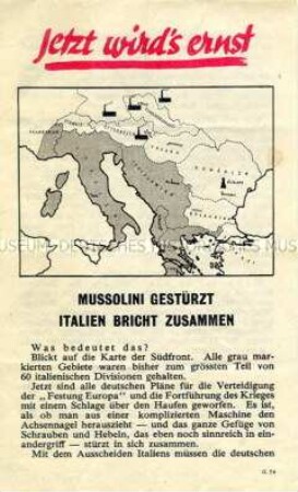 Abwurf-Flugblatt der Alliierten zu den Folgen des Sturzes von Mussolini