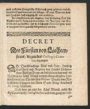 Decret Des Fürsten von Liechtensteins/ wegen des Collegii Carolini, ergangen.