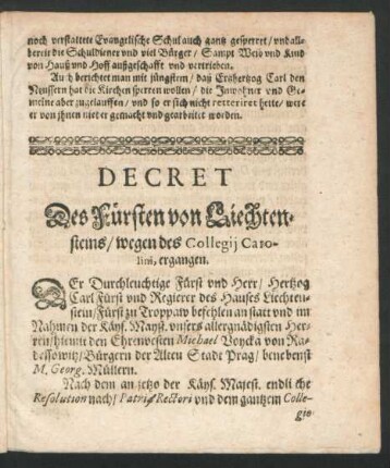 Decret Des Fürsten von Liechtensteins/ wegen des Collegii Carolini, ergangen.