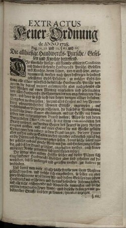 Extractus Feuer-Ordnung de Anno 1728. ... Die allhiesige Handwercks-Pursche, Gesellen und Knechte betreffend