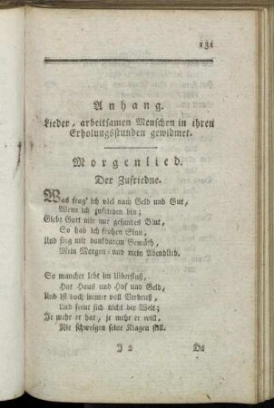 Anhang. Lieder, arbeitsamen Menschen in ihren Erholungsstunden gewidmet.