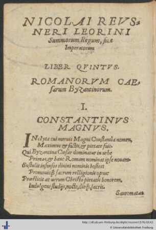 Nicolai Reusneri Leorini Summorum regum Liber Quintus.