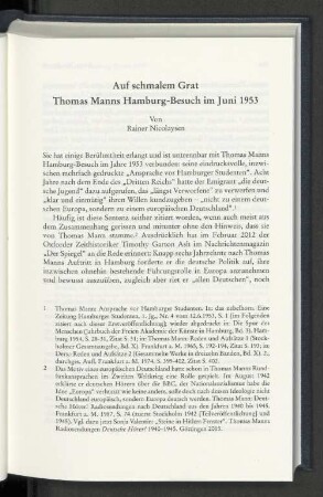 Auf schmalem Grat Thomas Manns Hamburg-Besuch im Juni 1953