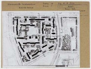 Neugestaltung des Mehringplatzes. Berlin, Kreuzberg, Stresemannstraße (vor 1947 Saarlandstraße)/Wilhelmstraße/Mehringplatz (vor 1947 Belle-Alliance-Platz)/Lindenstraße/Gitschiner Straße/Brandesstraße (Name 1971 vergeben)/Friedrichstraße/Friedrich-Stampfer-Straße (Name 1971 vergeben)/Hallesches Ufer