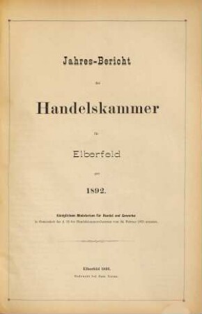 Jahresbericht der Handelskammer zu Elberfeld. 1892 (1893)
