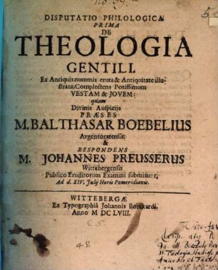 Disputatio philologica ... De Theologia Gentili : Ex Antiquis nummis erura & Antiquitate illustrata, Complectens ..., 1