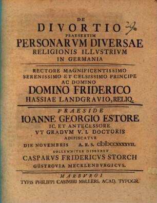 De Divortio Praesertim Personarvm Diversae Religionis Illustrivm In Germania