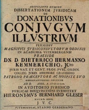 Diss. iur. de donationibus coniugum illustrium