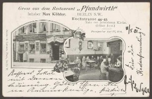 Ansichtskarte "Pfundwirth", "Gruss aus dem Restaurant", Kochstraße 44-45