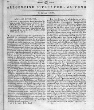 [Sammelrezension zweier Schriften römischer Literatur] Rezensiert werden: 1. Tacitus: C. Corn. Tacitus Agricola. Übersetzt v. H. W. F. Klein. München: Fleischmann 1825 2. Tacitus: Über Lage, Sitten und Völkerschaften Germaniens. Übersetzt v. H. W. F. Klein. München: Fleischmann 1826