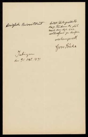 Schreiben Goro Soedes an die Universität. Tübingen, 31.10.1891.