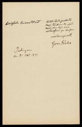 Schreiben Goro Soedes an die Universität. Tübingen, 31.10.1891.
