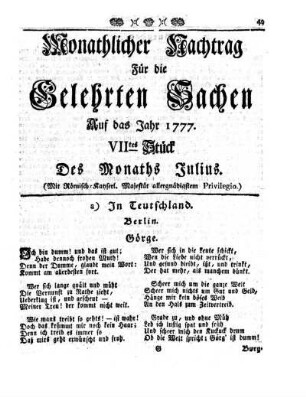 Monathlicher Nachtrag [...] Auf das Jahr 1777. VIItes Stück Des Monaths Julius