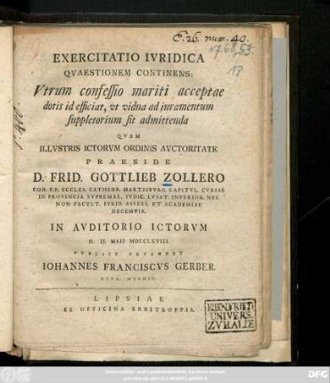 Exercitatio Ivridica Qvaestionem Continens: Vtrum confessio mariti acceptae dotis id efficiat, ut vidua ad iuramentum suppletorium sit admittenda