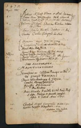 Sommerhalbjahr 1675. Rektorat Georg Friedrich Herzog von Württemberg (Prorektor: Burkhard Bardili)