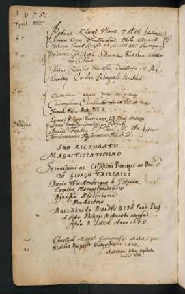 Sommerhalbjahr 1675. Rektorat Georg Friedrich Herzog von Württemberg (Prorektor: Burkhard Bardili)