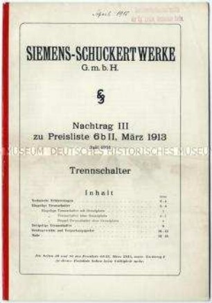 Nachtrag zur Preisliste 6 b über Trennschalter