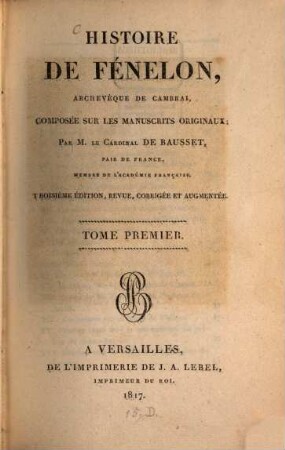 Histoire de Fénélon, archevêque de Cambrai, 1