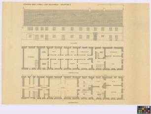 Sürßen (Kreis Pirna): Hof Hauswald. Haupthaus (Hof-Seiten-Ansicht, Grundriss des Obergeschosses, Grundriss des Erdgeschosses)