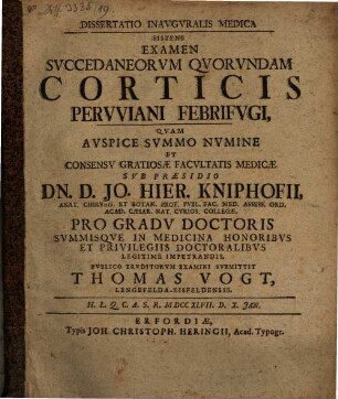 Diss. med. sistens examen succedaneorum quorundam corticis Peruviani febrifugi