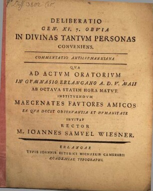 Deliberatio Gen. XI.7. Obvia In Divinas Tantvm Personas Conveniens : Commentatio Antilipmanniana ... In Gymnasio Erlangano ...